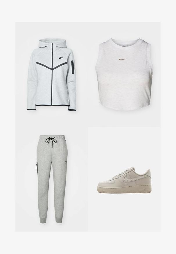 Sudadera gris con cremallera y capucha, con detalles en negro, que presenta un diseño diagonal en la parte delantera, el logo de Nike y un bolsillo con cremallera en la manga.; Top corto blanco hecho de una tela suave y texturizada. Presenta un cuello redondo y un diseño sin mangas, con un pequeño logotipo dorado de Nike en la parte delantera.; Pantalones de chándal grises de tejido suave con cintura ajustable por cordón, piernas ajustadas y un bolsillo con cremallera en el lado izquierdo. Presenta un logo negro.; Zapatilla baja de cuero beige con tachuelas en el logo de Nike swoosh, puntera perforada y suela gruesa de goma con la marca "AIR" en el lateral.