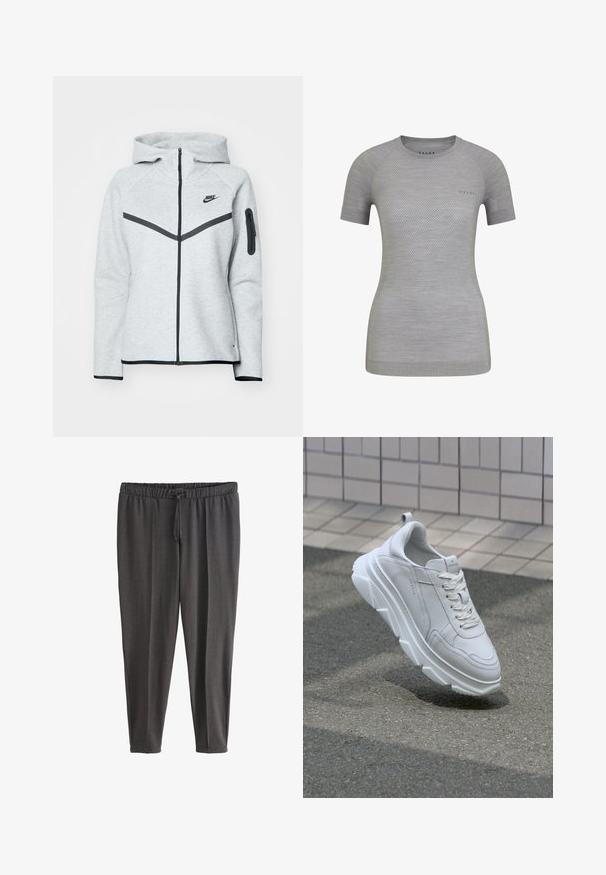 Grauer Reißverschluss-Hoodie mit Kapuze und schwarzen Akzenten, ausgestattet mit einem diagonalen Design auf der Vorderseite, dem Nike-Logo und einer Reißverschlusstasche am Ärmel.; Hellgraues Sportshirt mit kurzen Ärmeln, atmungsaktiver Textur und gemustertem Mesh-Detail. FALKE-Logo auf der Vorderseite. Rundhalsausschnitt.; Dunkelgraue Freizeithose mit elastischem Bund und Kordelzug, schmal zulaufende Beine, aus weichem Stoff.; Weiße Leder-Sneaker mit einer dicken, strukturierten Gummisohle, ausgestattet mit Schnürverschluss und Nahtdetails. Rund zulaufende Zehenkappe und unterstützendes Design für den Knöchel.
