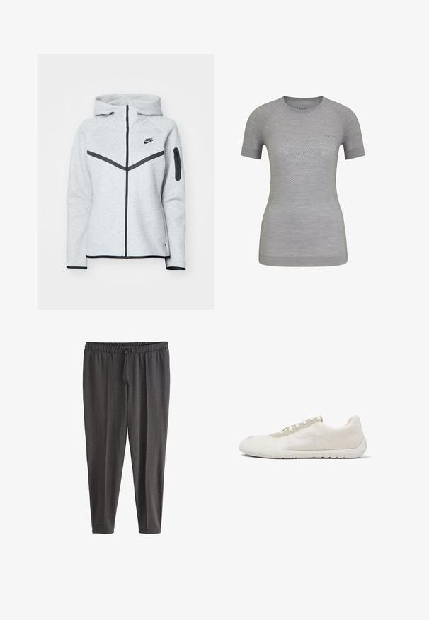 Grijze rits hoodie met een capuchon en zwarte accenten, voorzien van een diagonale ontwerp aan de voorkant, het Nike-logo en een ritszak op de mouw.; Lichtgrijs sportshirt met korte mouwen, gemaakt van ademend materiaal en voorzien van een gemêleerd gaasdetail. FALKE-logo op de voorkant. Ronde halslijn.; Donkergrijze casual broek met elastische tailleband en trekkoord, taps toelopende pijpen, gemaakt van zachte stof.; Witte sneaker met lage schacht, gebreide bovenkant, lichtgrijs veteroog paneel, witte veters en flexibele rubberen zool, weergegeven vanaf de buitenkant van de schoen.