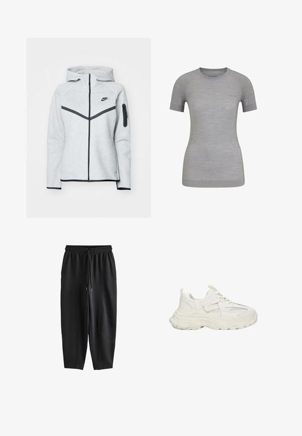 Grauer Reißverschluss-Hoodie mit Kapuze und schwarzen Akzenten, ausgestattet mit einem diagonalen Design auf der Vorderseite, dem Nike-Logo und einer Reißverschlusstasche am Ärmel.; Hellgraues Sportshirt mit kurzen Ärmeln, atmungsaktiver Textur und gemustertem Mesh-Detail. FALKE-Logo auf der Vorderseite. Rundhalsausschnitt.; Schwarze, zulaufende Jogginghosen mit elastischem Bund und Kordelzug, mit Nahtdetails auf der Vorderseite und weiter Passform.; Klüpfige weiße Sneakers mit Obermaterial aus strukturiertem Gewebe und Netzdetails, dicker Gummisohle, runder Zehenpartie und dekorativen Akzenten an den Seiten.