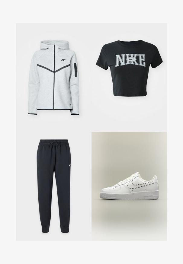 Grå lynlås-hoodie med hætte og sorte accenter, der har et diagonalt design på forsiden, Nike-logo og en lynlåslomme på ærmet.; Sort cropped t-shirt lavet af blødt stof med rund halsudskæring. Har stort hvidt Nike-logo i fed skrift på forsiden.; Sorte Nike joggingbukser med elastisk talje og snøre, tilspidsede ben, manchetter ved anklerne og lille hvid Nike swoosh på højre lår.; Hvid lavtop-sneaker med perforeret Nike-swoosh-design på siden, hvide snørebånd og tekstureret sål på en neutral baggrund.