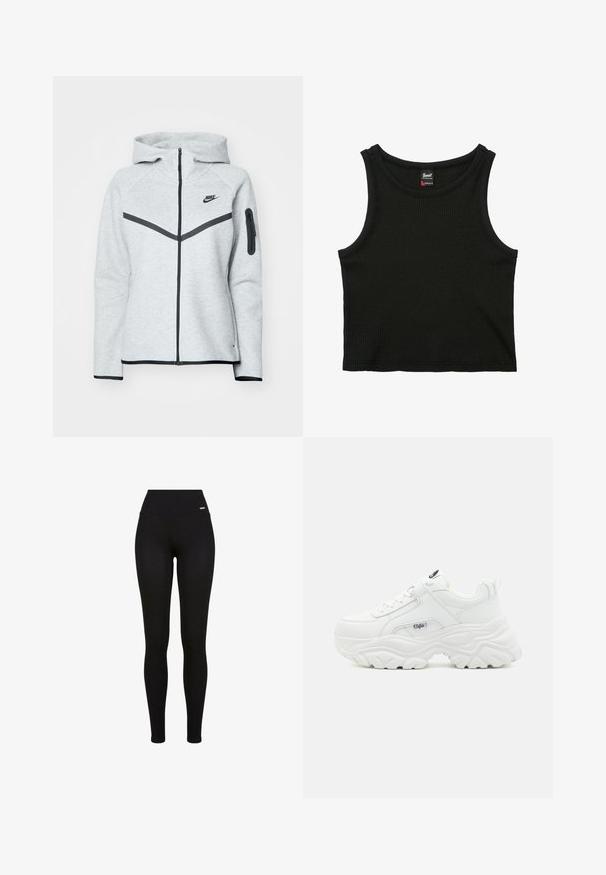 Grå lynlås-hoodie med hætte og sorte accenter, der har et diagonalt design på forsiden, Nike-logo og en lynlåslomme på ærmet.; Sort ribbet ærmeløs crop top med rund halsudskæring og lille mærkeetiket inde i kraven, størrelse small.; Sorte leggins med høj talje, strækbart stof, glat tekstur og en tætsiddende pasform, der er velegnet til casual eller atletisk brug.; Hvide chunky sneakers med en glat læderoverdel, rund tå og tyk tekstureret sål med et synligt brandlogo på siden.