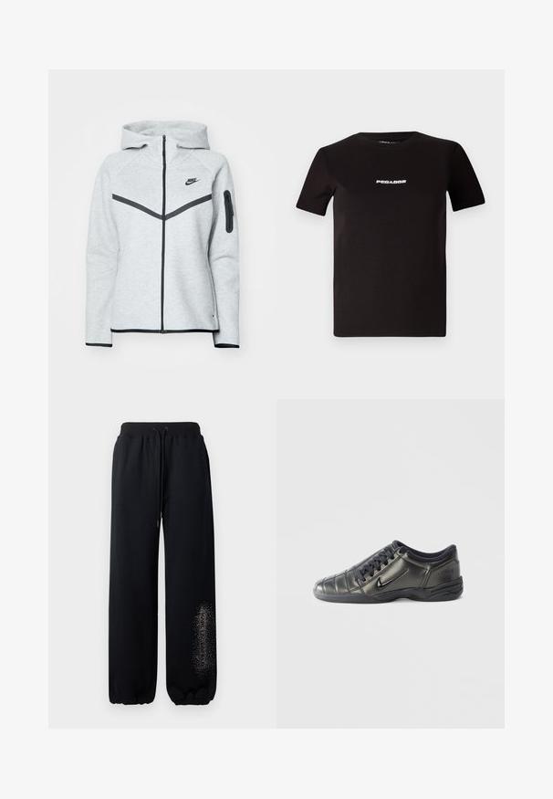 Grauer Reißverschluss-Hoodie mit Kapuze und schwarzen Akzenten, ausgestattet mit einem diagonalen Design auf der Vorderseite, dem Nike-Logo und einer Reißverschlusstasche am Ärmel.; Schwarzes Baumwoll-T-Shirt mit rundem Halsausschnitt und kurzen Ärmeln, mit weißem Text "PEGADOR" auf der Vorderseite. Glatte Textur.; Schwarze Jogginghose mit elastischem Bund, Kordelzug und gerafften Bündchen. Merkmale ein Textdesign mit Glitzer auf dem linken Bein.; Schwarzer niedriger Nike Sneaker mit Schnürsenkeln, genähten Details und einer strukturierten Sohle vor einem schlichten weißen Hintergrund.