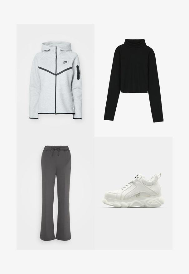 Sivá mikina na zips s kapucňou a čiernymi akcentmi, s diagonálnym dizajnom na prednej strane, logom Nike a zipsovým vreckom na rukáve.; Even&Odd by Zalando Top s dlhým rukávom - black; Sivé teplákové nohavice vyrobené z jemného materiálu, s pásom na sťahovanie, rozšírenými nohavicami a bez viditeľných vzorov alebo kovových detailov.; Biele atletické tenisky s hladkým koženým zvrškom, zaoblenou podrážkou a textúrovaným akcentom. Obsahujú šnúrky a ťahaciu pásku na zadnej strane.