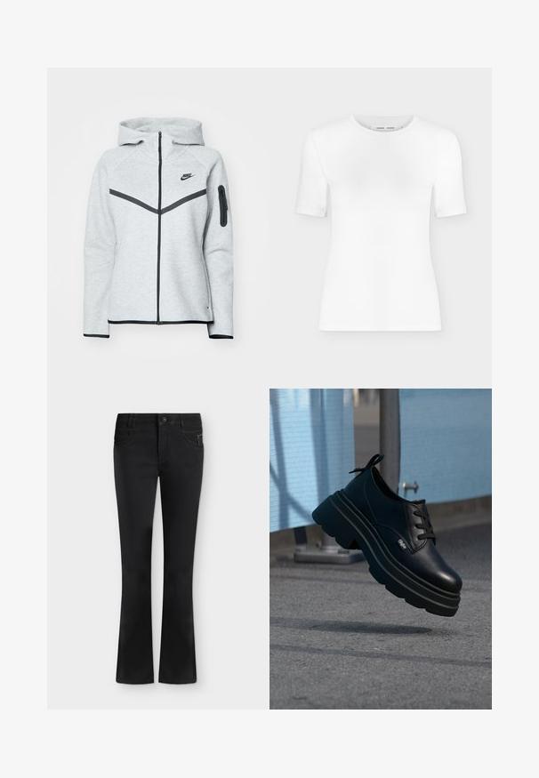 Grå lynlås-hoodie med hætte og sorte accenter, der har et diagonalt design på forsiden, Nike-logo og en lynlåslomme på ærmet.; Hvid T-shirt med rund hals, korte ærmer, slank pasform og ribbet stofstruktur, vist på en ensfarvet lys grå baggrund.; Sorte bootcut jeans med forreste knap, lynlås, bæltestropper og forlommer, lagt fladt på en hvid baggrund.; Sort læder platformsko med tyk sål og sorte snørebånd, ophængt over fortov tæt på et blåt nethegn og en metalstang.