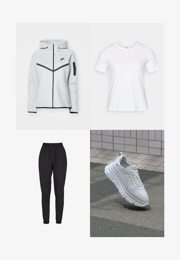 Hallitusroheline kapuutsiga pusa, millel on mustad aktsendid, esiküljel diagonaalne kujundus, Nike'i logo ja lukuga tasku varrukal.; Valge lühikeste varrukatega T-särk, mis on valmistatud pehmest puuvilla segumaterjalist, ümmarguse kaeluse ja raglan varrukatega, sile tekstuur ilma mustrita.; Must mustriba talje mustad püksid kokku tõmmatud cuff'idega, sirge jala disain, kergest materjalist, külje peal on peene logo.; Valge nahast spordijalats, millel on paks, tekstuuriga kummitald, lace-up sulgemise ja õmblusdetailidega. Ümar varvas ja pahkluu toestamise disain.