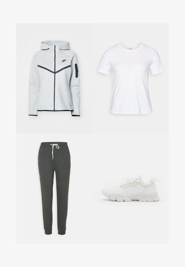 Sudadera gris con cremallera y capucha, con detalles en negro, que presenta un diseño diagonal en la parte delantera, el logo de Nike y un bolsillo con cremallera en la manga.; Camiseta blanca de manga corta hecha de una suave mezcla de algodón, con un cuello redondo y mangas raglán, de textura lisa sin patrones.; Pantalones de chándal grises hechos de una tela suave, con una cinturilla elástica y un cordón blanco, bolsillos laterales y piernas ajustadas.; NA-KD CONTRAST SOLE TREKKING - Zapatillas - white