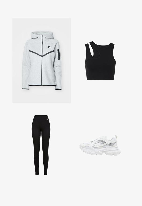Sudadera gris con cremallera y capucha, con detalles en negro, que presenta un diseño diagonal en la parte delantera, el logo de Nike y un bolsillo con cremallera en la manga.; Top corto sin mangas negro con corte asimétrico en el hombro izquierdo, diseñado para uso deportivo o casual.; Leggings negros con una cintura alta, tejido elástico, textura suave y un diseño ajustado, aptos para uso casual o deportivo.; Zapatilla deportiva blanca con suela gruesa, parte superior de malla y sintética, detalles plateados y marca "BUFFALO" en el lateral.