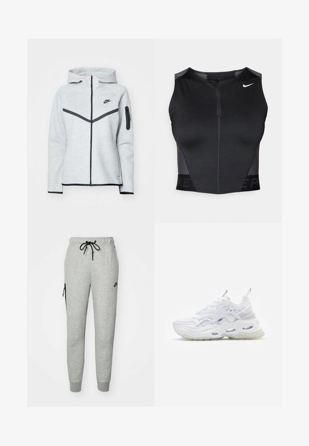 Grå lynlås-hoodie med hætte og sorte accenter, der har et diagonalt design på forsiden, Nike-logo og en lynlåslomme på ærmet.; Sort atletisk crop top med lynlåslukning, teksturerede skulderpaneler og trykt mærkelogo. Fremstillet af strækbart, åndbart stof.; Grå træningsbukser lavet af blødt stof med en snoretræk i taljen, tapered ben og en lynlåslomme på venstre side. Har sort logo.; Hvide sneakers med en kraftig sål, lagdelt mesh og syntetisk overdel, med mønstrede detaljer, snøresystem og hæl-dragtag.