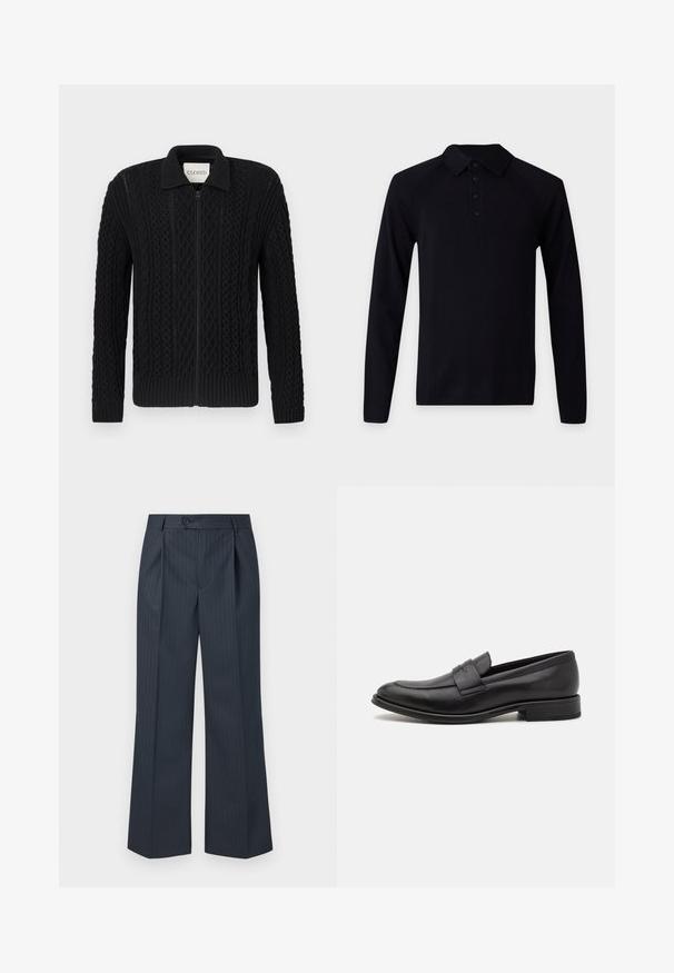 Cardigan noir en maille tricotée avec une fermeture éclair, présentant un motif en torsades texturé, des poignets côtelés et un col.; Polo noir à manches longues avec col et quatre boutons noirs sur la patte de boutonnage avant, sur un fond uni clair.; Pantalons larges rayés marine avec plis avant, fermeture à bouton unique et tissu lisse. Présente des fines rayures verticales vertes pour le détail.; Mocassin en cuir noir avec une finition lisse, une sangle décorative sur le dessus, un bout rond et un petit talon empilé.