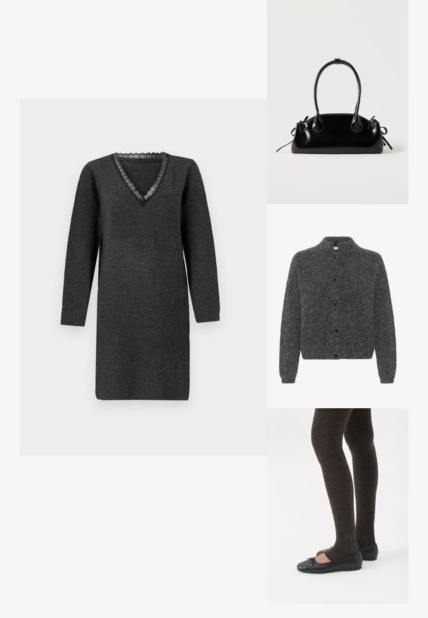 Grå, fuzzy cardigan med høj krave, der har knaplukning foran og lange ærmer. Lavet af blødt materiale med en tekstureret overflade.; Mørkegrå langærmet strikkjole med V-udskæring, der har delikat blondekant langs kraven.; Ben iført mørke ribbede leggings kombineret med sorte balletsko med små sløjfedetaljer på hvid baggrund.; Lille sort blank håndtaske med to lange håndtag og snøre-detaljer i siden på en ensfarvet lys baggrund.