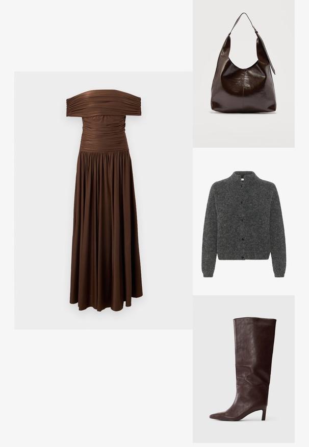 Grå, fuzzy cardigan med høj krave, der har knaplukning foran og lange ærmer. Lavet af blødt materiale med en tekstureret overflade.; Lang brun off-shoulder kjole med rynket overdel og samlet, flydende skørt på en ensfarvet lys baggrund.; Høj, mørkebrun læderstøvle med spids tå og slank medium hæl på en ensfarvet hvid baggrund.; Mørkebrunt, skinnende læder skuldertaske med en enkelt bred rem og spændedetalje på den ene side, sat mod en ensartet lys baggrund.