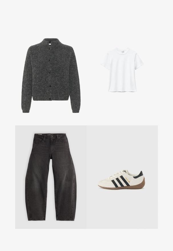 Grijze, donzige cardigan met een staande kraag, voorzien van een knoopsluiting en lange mouwen. Gemaakt van zacht materiaal met een gestructureerde afwerking.; Effen wit katoenen T-shirt met korte mouwen en ronde hals, plat afgebeeld op een witte achtergrond.; Zwarte denim jeans met een relaxed fit, voorzien van vijf zakken, een knoopsluiting en subtiele vervaging. De stof heeft een soepele, stevige textuur.; Witte Adidas-sneaker met zwarte strepen, bruine gestructureerde zool en gouden "SPEZIAL"-letters aan de zijkant, gezien vanaf de buitenkant.