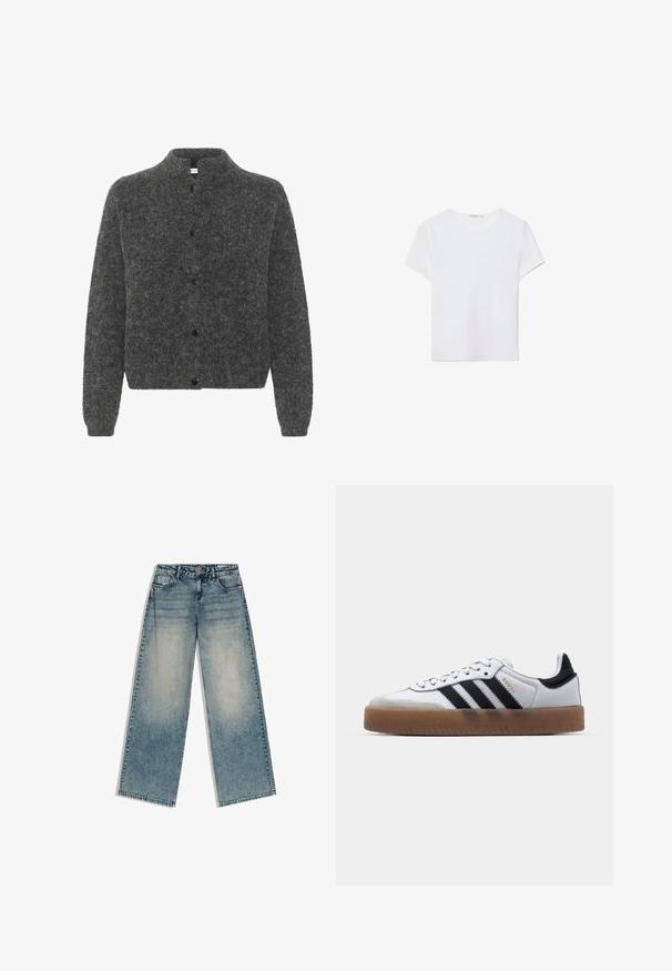 Grijze, donzige cardigan met een staande kraag, voorzien van een knoopsluiting en lange mouwen. Gemaakt van zacht materiaal met een gestructureerde afwerking.; Witte T-shirt met korte mouwen, gemaakt van zachte stof. Heeft een ronde halslijn en een eenvoudig, strak ontwerp met een rechte zoom.; Blauwe denim wijdere broek met een vervaagde wassing, vijfzakkenontwerp, riemlussen en knoopsluiting, plat gelegd op een witte achtergrond.; Witte leren sneakers met zwarte strepen, gumrubberen buitenzool, ronde neus, vetersluiting en een zachte grijze suède neuskap.