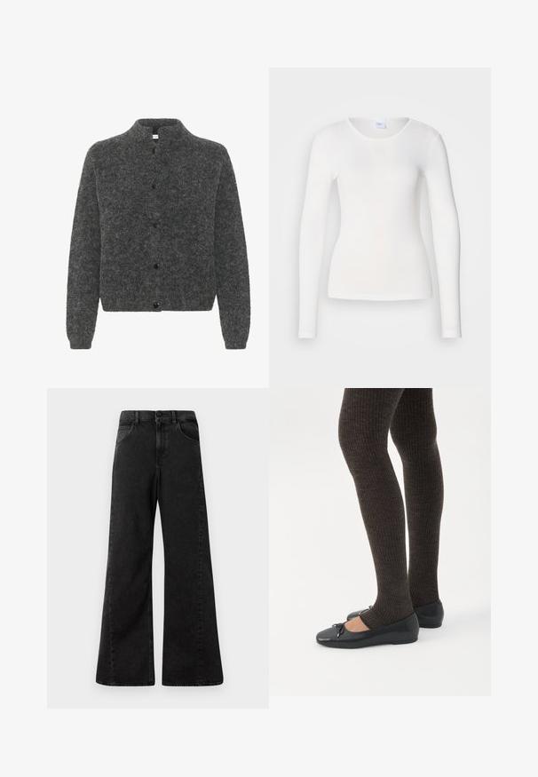 Grå, fuzzy cardigan med høj krave, der har knaplukning foran og lange ærmer. Lavet af blødt materiale med en tekstureret overflade.; Hvid langærmet skjorte lavet af et blødt, glat stof; har en rund halsudskæring og en tætsiddende facon uden mønstre eller pynt.; Højtaljede sorte denim jeans med vidde ben-design, der har forlommer og en knaplukning i taljen.; Ben iført mørke ribbede leggings kombineret med sorte balletsko med små sløjfedetaljer på hvid baggrund.