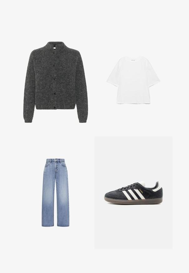 Grå, fuzzy cardigan med høj krave, der har knaplukning foran og lange ærmer. Lavet af blødt materiale med en tekstureret overflade.; Hvid oversize T-shirt med korte ærmer og rund hals, ensfarvet design og skuldersømme, der er sænket, på hvid baggrund.; Lyseblå jeans med højtaljede og vide ben med foran knap- og lynlås-lukning samt fem-lomme design på hvid baggrund.; Sort Adidas Samba sneaker med hvide striber, gumisål og guldfarvet "Samba" tekst på siden, vist fra venstre profil på ensfarvet baggrund.