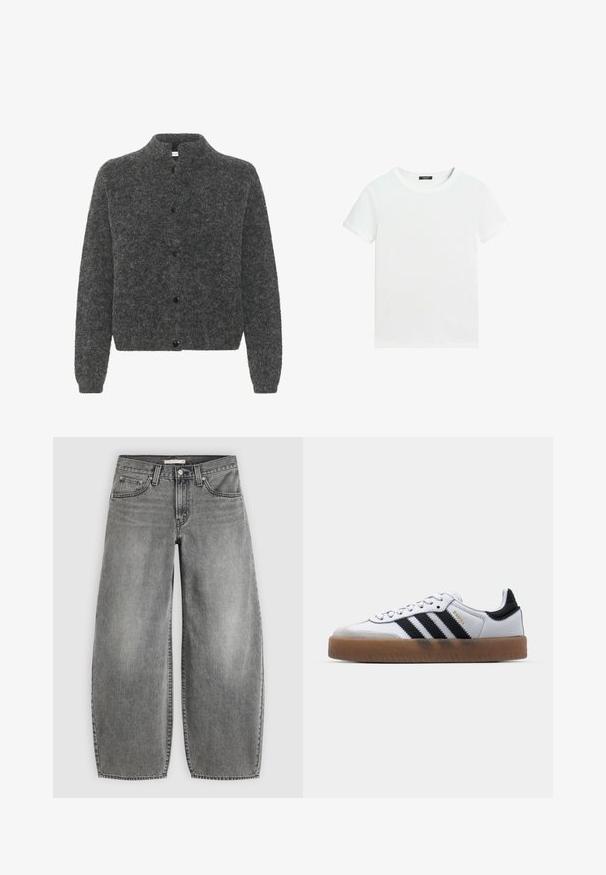 Cardigan gris et duveteux avec un col montant, présentant une fermeture à boutons et des manches longues. Fabriqué à partir d'un matériau doux avec une finition texturée.; T-shirt blanc uni à manches courtes avec un col rond et une petite étiquette noire à l’intérieur du col.; Jean en denim gris à jambes larges avec bouton et fermeture éclair devant, passants de ceinture et design cinq poches sur un fond uni.; Baskets en cuir blanc avec des rayures noires, semelle extérieure en caoutchouc beige, bout rond, fermeture lacée et embout en suède gris doux.
