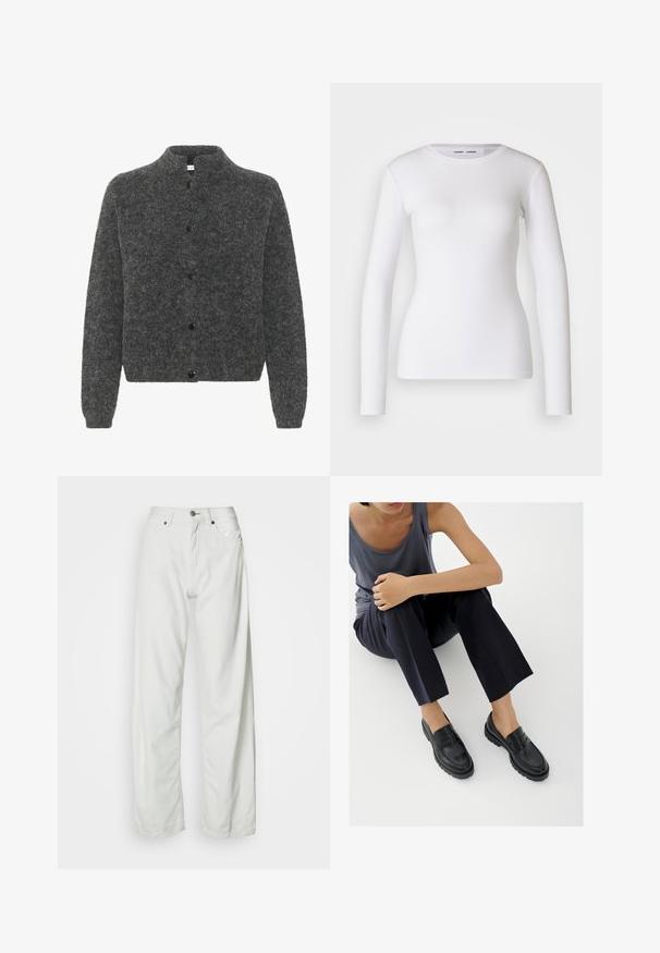 Grå, fuzzy cardigan med høj krave, der har knaplukning foran og lange ærmer. Lavet af blødt materiale med en tekstureret overflade.; Hvid langærmet skjorte lavet af ribbet stof, med runde udskæring og tætsiddende pasform. Ingen mønstre eller accenter er til stede.; Hvide brede jeans i denim med knaplukning og fem-lommer design. Glat tekstur med minimal syning.; Sorte læderloafers med teksturerede detaljer, lav hæl, rund tå og synlige syninger. Modellen bærer mørke bukser og en grå top.