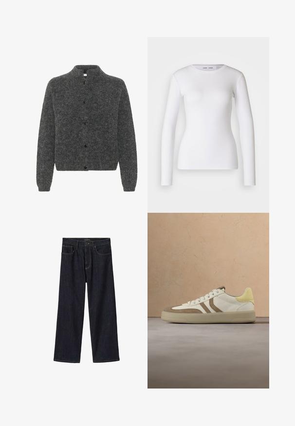 Grijze, donzige cardigan met een staande kraag, voorzien van een knoopsluiting en lange mouwen. Gemaakt van zacht materiaal met een gestructureerde afwerking.; Witte longsleeve shirt van ribstof, met een ronde halslijn en een getailleerde vorm. Er zijn geen patronen of accenten aanwezig.; Donker indigo wijde jeans met voor knoop- en ritssluiting, riemlussen en voorzakken, afgebeeld op een witte achtergrond.; Witte en beige sneaker met een gele hielaccent, uitgevoerd in suède en glad leer, met platte veters en een rubberen zool.