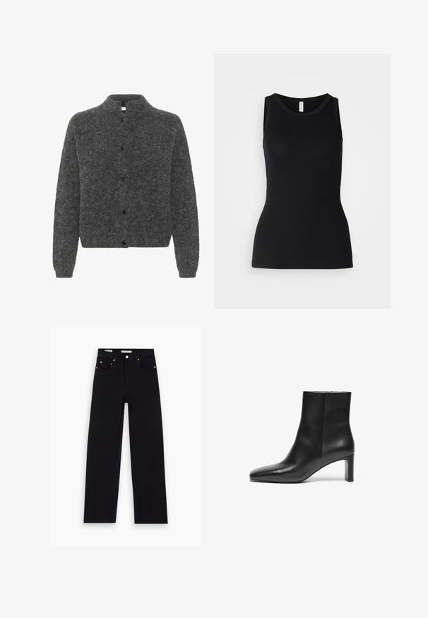 Grijze, donzige cardigan met een staande kraag, voorzien van een knoopsluiting en lange mouwen. Gemaakt van zacht materiaal met een gestructureerde afwerking.; Zwarte mouwloze tanktop van ribbelstof, met een ronde halslijn en een nauwsluitend ontwerp, met een gladde textuur en zonder patronen.; Zwarte denim jeans met een recht model, vijf zakken, koperen hardware en een gladde textuur. Twee labels zichtbaar op de tailleband.; Zwarte leren enkelboot met een spitse neus, taps toelopende hak en een gladde textuur; heeft een ritssluiting aan de zijkant.