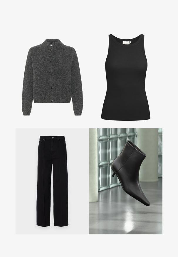Grå, fuzzy cardigan med høj krave, der har knaplukning foran og lange ærmer. Lavet af blødt materiale med en tekstureret overflade.; Sort tanktop lavet af ribbet materiale, med en scooped halsudskæring og en tætsiddende form. Flade sømme og ingen udsmykninger. Enkel og strømlinet design.; Sorte denim bredde ben bukser med høj talje, der har fem lommer, metal knaplukning og lige søm detaljer langs siderne.; Sort læderankelstøvle med spids tå og lille hæl vist mod en væg af glasblokke og poleret gulv baggrund.