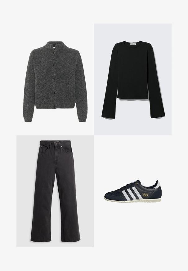 Grå, fuzzy cardigan med høj krave, der har knaplukning foran og lange ærmer. Lavet af blødt materiale med en tekstureret overflade.; Sort langærmet rundhalset skjorte med en figursyet silhuet og let udvidede ærmer, mærket med "Weekday" brandetiketten ved halsudskæringen.; Sorte denim bukser med vid ben og høj talje, fem lommer og metalknaplukning. Stoffet har en glat, let falmet tekstur.; Sorte lædersneakers med tre hvide striber, en struktureret finish, guld "adidas JAPAN" logo og en gummisål med grebmønster.