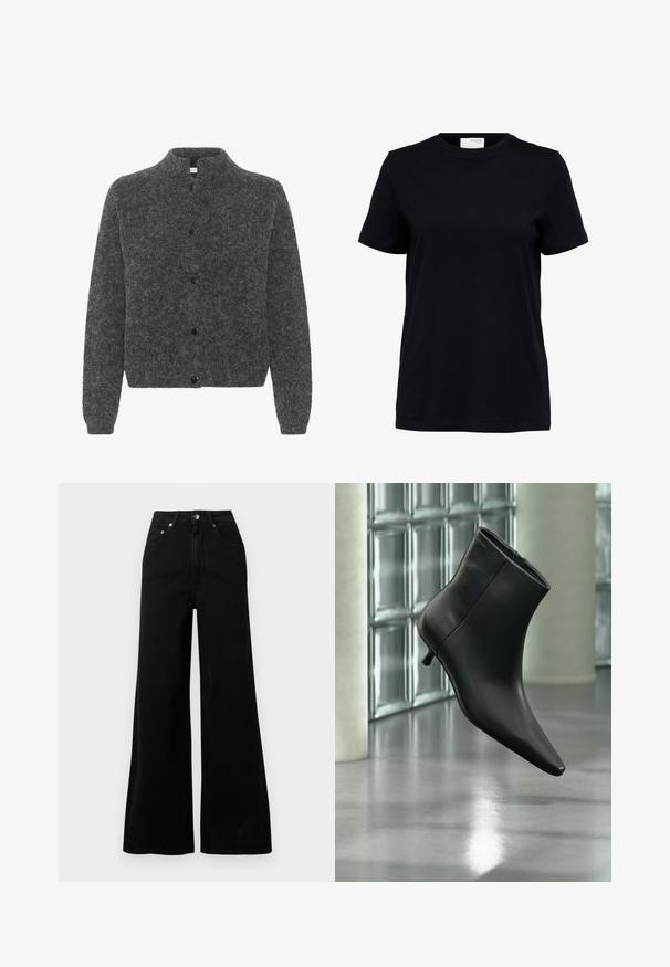 Grå, fuzzy cardigan med høj krave, der har knaplukning foran og lange ærmer. Lavet af blødt materiale med en tekstureret overflade.; Sort kortærmet t-shirt med rund halsudskæring, lige kant og en hvid label på bagsiden indeni kraven.; Sorte jeans med vide ben lavet af denim, med høj talje, fem lommer, knaplukning foran og minimal syning.; Sort læderankelstøvle med spids tå og lav kitten-hæ, vist vinklet mod en poleret gulv- og glasblokvæg.