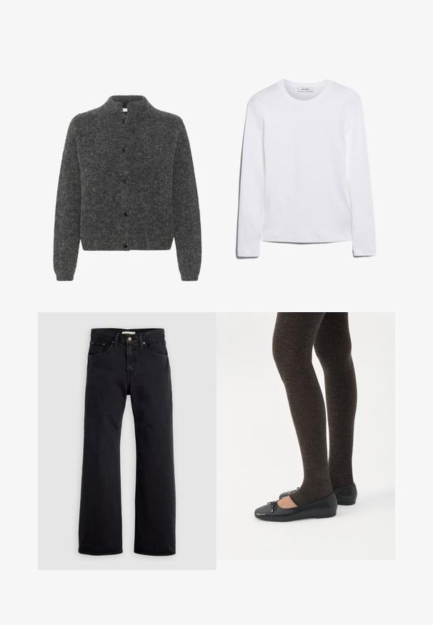 Grijze, donzige cardigan met een staande kraag, voorzien van een knoopsluiting en lange mouwen. Gemaakt van zacht materiaal met een gestructureerde afwerking.; Wit T-shirt met lange mouwen, gemaakt van ribgebreide katoen, met een ronde halslijn en een rechte zoom. Eenvoudig ontwerp zonder patronen of accenten.; Zwarte high-waist straight-leg jeans met vooraan knoop- en ritssluiting en een ontwerp met vijf zakken, tegen een effen lichte achtergrond.; Benen met donkere geribbelde leggings gecombineerd met zwarte ballerina's met kleine strikdetails op een witte achtergrond.