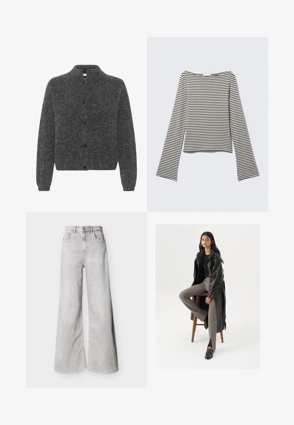 Grå, fuzzy cardigan med høj krave, der har knaplukning foran og lange ærmer. Lavet af blødt materiale med en tekstureret overflade.; Langærmet, kort top i afdæmpede grå og hvide vandrette striber, lavet af blødt stof med en bred, bådformet halsudskæring og udvidede ærmer.; Lysegrå jeans med vid ben lavet af denim, med høj talje, forlommer og knaplukning. Glat tekstur med et diskret falmet look.; Sort læder trench coat med knapper og bælte detalje, parret med lysebrune tætsiddende bukser og sorte loafers, siddende på en træstol.