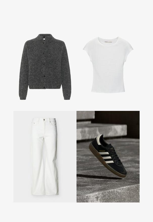 Grå, fuzzy cardigan med høj krave, der har knaplukning foran og lange ærmer. Lavet af blødt materiale med en tekstureret overflade.; Hvid bomuld t-shirt med korte, opsmøgede ærmer, rund halsudskæring og lige kant. Glat tekstur uden synlige mønstre eller detaljer.; Hvide jeans med høj talje og lige ben, med forreste knap, lynlåslukning samt sidelommer og baglommer, mod en ensartet lys baggrund.; Sort Adidas-sneaker med hvide striber og gummisåler, svævende over grå betontrapper i naturligt lys.