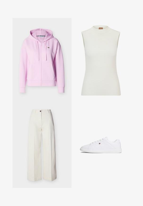 Sweat à capuche zippé rose clair avec cordons de serrage, poches kangourou, poignets côtelés et petit logo crocodile vert sur la poitrine.; Haut blanc sans manches avec un col montant, présentant une texture côtelée et un design ajusté. Étiquette de marque "BOSS" visible sur le col.; Pantalon crème taille haute à jambes larges, avec passants de ceinture, fermeture à bouton unique et zip, présenté à plat sur un fond uni.; Baskets blanches avec tige synthétique lisse, bout rond et semelle en caoutchouc. Comprend six œillets et un petit logo sur le côté.
