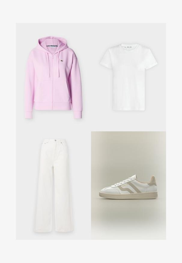 Sweat à capuche zippé rose clair avec cordons de serrage, poches kangourou, poignets côtelés et petit logo crocodile vert sur la poitrine.; T-shirt blanc uni à manches courtes et col rond, posé à plat sur un fond gris clair, montrant le devant avec l'étiquette à l'intérieur du col.; Jeans large à taille haute blancs en denim. Comprend des poches avant, une fermeture à bouton et des détails d'ourlet effiloché.; Baskets basses blanches avec des accents beige, lacets et semelle texturée, avec le nom de la marque "GANT" sur le côté.