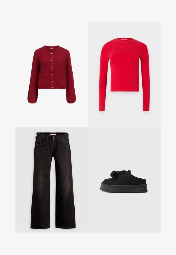 Rød, kort cardigan med lange ærmer, lavet af blødt, struktureret stof. Har knaplukning med guldaccenter og to forlommer.; Rød langærmet tætsiddende crop top med rund hals og glat tekstur, vist mod en ensartet lys baggrund.; Sorte bukser med vide ben og en let falmet finish, med forlommer, lynlås foran og knaplukning. Fremstillet af denimstof.; Sorte ruskind slip-on sko med en tyk gummisål, rund tå, dekorative pomponer og syede detaljer.