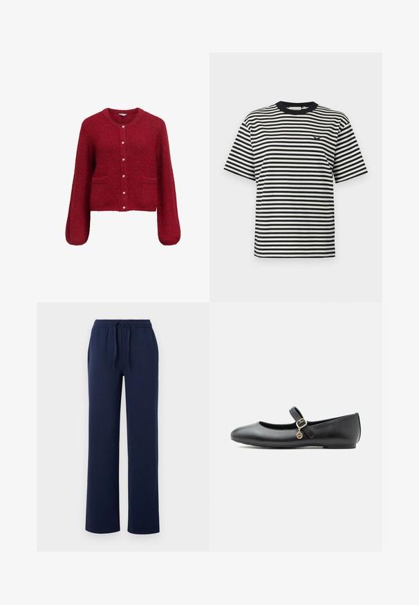 Rød, kort cardigan med lange ærmer, lavet af blødt, struktureret stof. Har knaplukning med guldaccenter og to forlommer.; Sort og hvid t-shirt med horisontale striber og korte ærmer, med et lille sort logo på venstre bryst og en sort krave.; Marineblå sweatpants lavet af blødt bomuld, med en elastisk talje og snoretræk, sidelommer og et lige ben-design.; Sort Mary Jane-lædersko med flad sål, lille guldbælte og rund vedhæng på hvid baggrund.