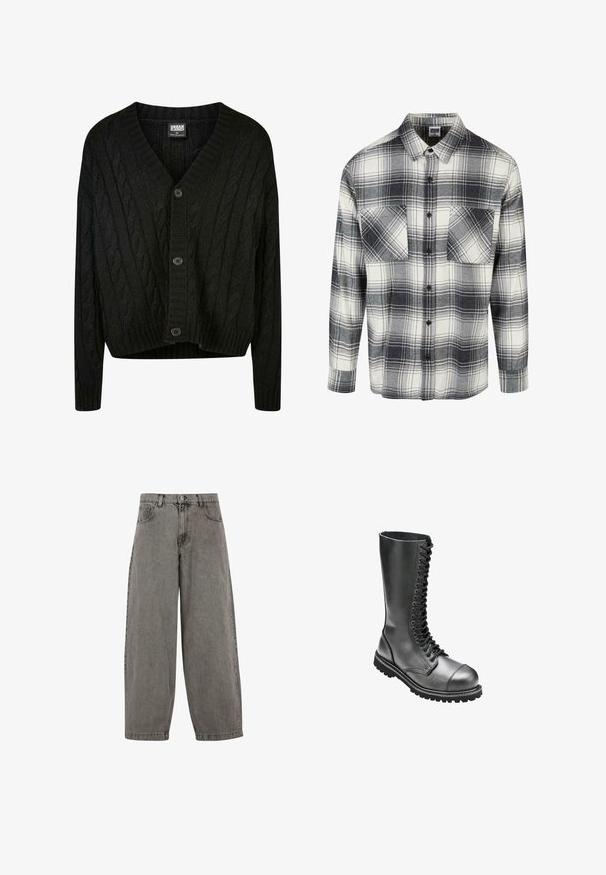 Schwarze Kabelstrick-Cardigan mit V-Ausschnitt, langen Ärmeln und fünf braunen Knöpfen auf der Vorderseite. Mit Rippdetails und einem verkürzten Saum.; Flanellhemd in schwarz, weiß und grau kariert. Mit zwei vorderen Taschen, Knopfverschluss und langen Ärmeln mit knöpfbaren Bündchen.; Graue Jeanshose mit hoher Taille, weitem Bein, klassischem Fünf-Taschen-Design und Knopfverschluss vorne. Leicht strukturierte Oberfläche.; Schwarze Leder-Schnürkampfstiefel mit hohem Schaft, runder Zehenpartie, gepolstertem Kragen und strukturiertem Gummisohle für besseren Halt.