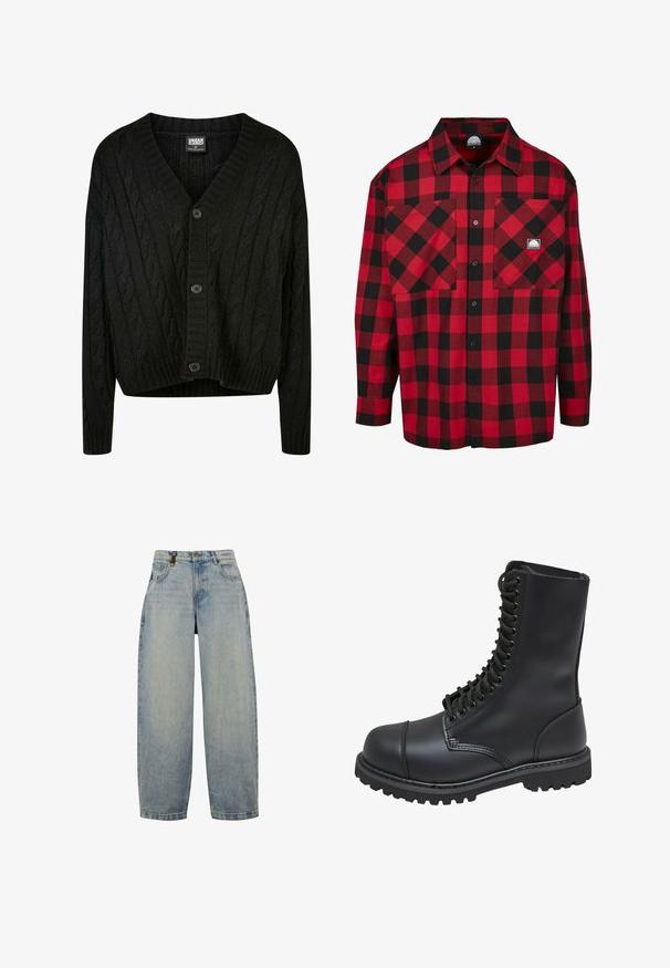 Schwarze Kabelstrick-Cardigan mit V-Ausschnitt, langen Ärmeln und fünf braunen Knöpfen auf der Vorderseite. Mit Rippdetails und einem verkürzten Saum.; Rot-schwarz karierter Flanellshirt mit langen Ärmeln, Knopfverschluss, zwei vorderen Taschen und einem kleinen Markenlogo auf der Brusttasche.; Hellblaue Jeans aus Denim mit lässiger Passform, featuring eine hohe Taille, weite Beine, klassischen Fünf-Taschen-Design und Akzente aus Metall.; Schwarze Lederkampfstiefel mit hohem Schaft, Schnürung an der Vorderseite, gepolstertem Kragen und rutschfester, strukturierter Sohle für guten Halt. Mit verstärkter Zehenkappe.