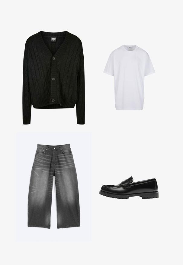 Schwarze Kabelstrick-Cardigan mit V-Ausschnitt, langen Ärmeln und fünf braunen Knöpfen auf der Vorderseite. Mit Rippdetails und einem verkürzten Saum.; Schlichtes weißes Kurzarm-T-Shirt aus Baumwolle mit Rundhalsausschnitt und sichtbarem Größen- sowie Markenlabel im Innenkragen.; Weit geschnittene, ausgewaschene schwarze Jeans aus Denim mit Vordertaschen und Knopfverschluss, flach auf einem hellen Hintergrund liegend dargestellt.; Schwarzer Leder-Slipper mit dicker Gummisohle und klassischem Penny-Detail an der Riemen, von der Außenseite gezeigt.