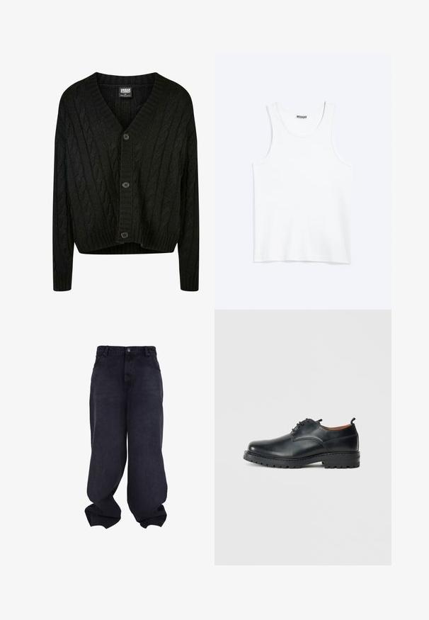 Zwarte kabelgebreide cardigan met een V-hals, lange mouwen en vijf bruine knopen aan de voorkant. Heeft geribbelde accenten en een cropped zoom.; Wit mouwloos hemdje met ronde hals en Weekday-merklabel aan de binnenkant van de achterkraag, plat weergegeven op een lichte achtergrond.; Zwarte oversized baggy jeans met knoop- en ritssluiting aan de voorkant, voorzakken en losse, brede pijpen.; Zwarte leren derby schoenen met een gladde textuur, ronde neus, vetersluiting en een dikke, robuuste rubberen zool.