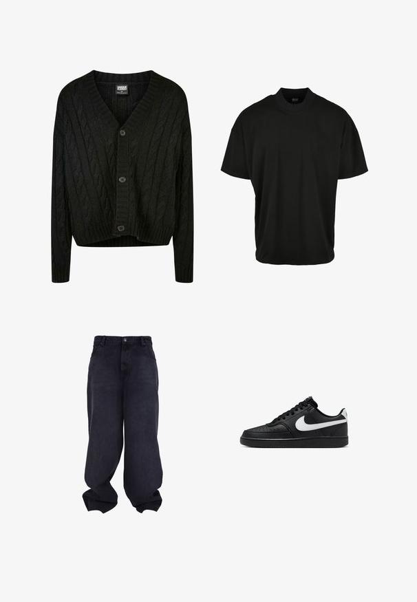 Zwarte kabelgebreide cardigan met een V-hals, lange mouwen en vijf bruine knopen aan de voorkant. Heeft geribbelde accenten en een cropped zoom.; Zwarte T-shirt met korte mouwen en een ronde hals, gemaakt van zachte stof, met een ontspannen pasvorm en zonder zichtbare patronen of accenten.; Zwarte oversized baggy jeans met knoop- en ritssluiting aan de voorkant, voorzakken en losse, brede pijpen.; Zwarte leren sneaker met witte Swoosh-logo, gestructureerde bovenkant, ronde neus, platte veters en rubberen zool met grippatroon.