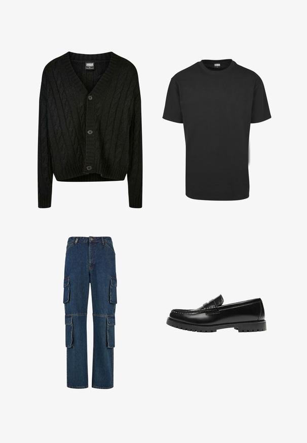 Zwarte kabelgebreide cardigan met een V-hals, lange mouwen en vijf bruine knopen aan de voorkant. Heeft geribbelde accenten en een cropped zoom.; Zwart katoenen T-shirt met korte mouwen, ronde halslijn en een standaard pasvorm. De stof lijkt glad en ongekleed.; Donkerblauwe denim cargobroek met meerdere zijzakken, rechte pijpdesign en contrasterende stiksels. Duurzame stof met een klassieke snit.; Zwarte leren loafer met een dikke rubberen zool en klassieke penny-strap details, gezien vanaf de buitenkant.