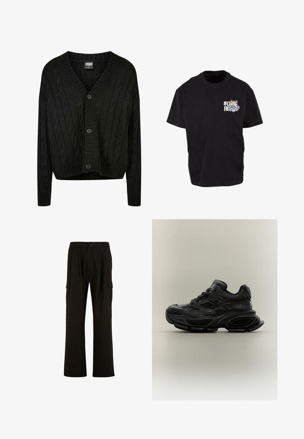 Sort kabelstrik cardigan med V-hals, lange ærmer og fem brune knapper foran. Har ribbede detaljer og en cropped kant.; Sort bomulds t-shirt med et centralt grafisk motiv af en ræv, der holder en drink, med japanske tegn i lys farve på venstre brystområde.; Urban Classics WIDE - Cargobukser - black; Sort chunky sneaker med tekstureret design, tyk sål og snørelukning vist mod en almindelig neutral baggrund.