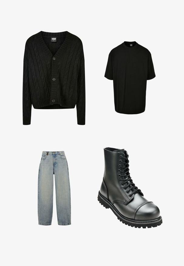 Cárdigan negro de punto trenzado con escote en V, mangas largas y cinco botones marrones en la parte frontal. Cuenta con acentos de canalé y un dobladillo corto.; Camiseta de algodón negra con cuello redondo y mangas cortas, de corte holgado. Textura suave, sin patrones ni acentos visibles.; Jeans de mezclilla azul claro con un corte relajado, que presentan una cintura alta, piernas anchas, diseño clásico de cinco bolsillos y acentos de herrajes de metal.; Bota de combate de cuero negro con tobillo alto, punta redonda, cordones en la parte delantera y suela de goma resistente con un dibujo profundo para mayor tracción.