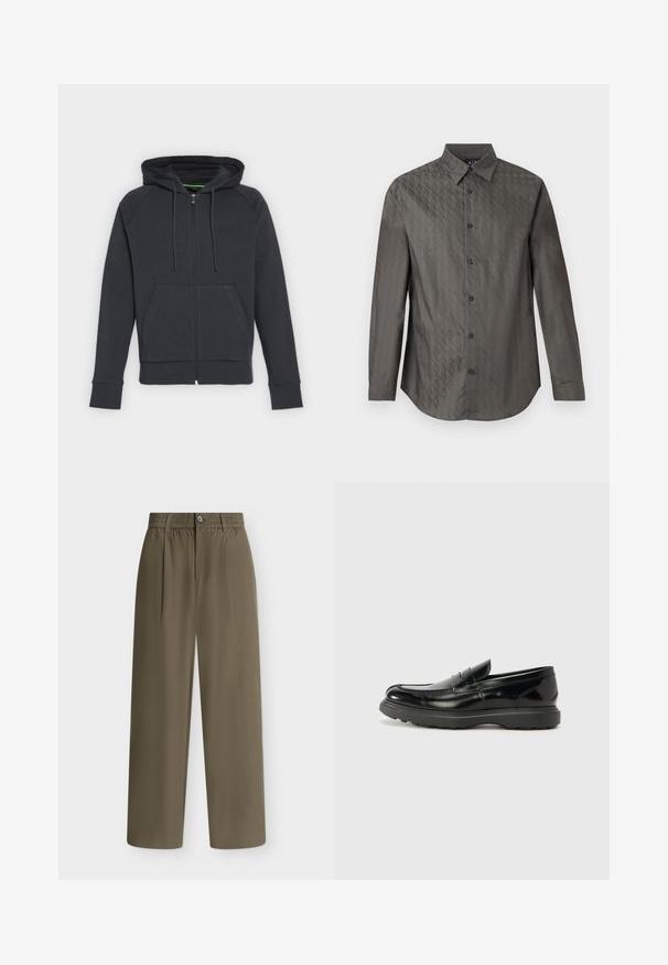 Sweat à capuche zippé noir avec poches avant, capuche à cordon de serrage et poignets et ourlet côtelés, présenté sur un fond clair uni.; Chemise à manches longues gris foncé avec un motif géométrique discret en relief sur toute la surface et un col classique, présentée sur un fond blanc.; Pantalon large vert olive avec taille élastique, fermeture par bouton et tissu lisse et léger.; Mocassin en cuir noir avec une finition brillante, bout arrondi, détails de couture subtils et semelle en caoutchouc épaisse pour la durabilité.