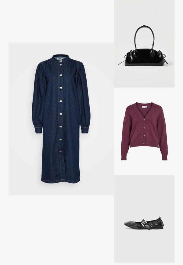 Burgunderfarvet cropped cardigans med V-udskæring, fem brune knapper og lange ærmer med ribbede manchetter og kant i blødt strikmateriale.; Mørkeblå denimkjole med høj krave, lange pufærmer og knaplukning foran. Har sølvknapper og en lige silhuet.; Sorte læder flade sko med spids tå, samling detaljer omkring åbningen, og en sølv spænde accent på den justerbare rem.; Lille sort blank håndtaske med to lange håndtag og snøre-detaljer i siden på en ensfarvet lys baggrund.