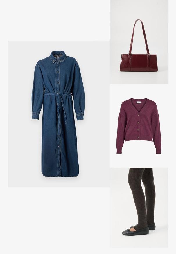 Burgunderfarvet cropped cardigans med V-udskæring, fem brune knapper og lange ærmer med ribbede manchetter og kant i blødt strikmateriale.; Denim skjorte kjole i mørkeblå, med knaplukning foran, krave, lange ærmer, elastisk talje med en matchende bælte og side lommer.; Ben iført mørke ribbede leggings kombineret med sorte balletsko med små sløjfedetaljer på hvid baggrund.; Bordeaux håndtaske lavet af glansfuldt materiale, rektangulær form, med to skulderremme og subtile buede detaljer på forsiden.