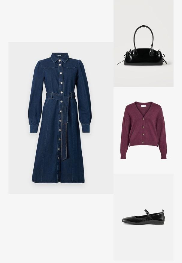 Burgunderfarvet cropped cardigans med V-udskæring, fem brune knapper og lange ærmer med ribbede manchetter og kant i blødt strikmateriale.; Mørkeblå denimkjole med lange ærmer, knaplukning foran, krave og et matchende bælte i taljen; har subtile syninger og lommer.; Sorte patentlæder flade sko med spidse tæer, en ankelrem med spænde og en glat, blank tekstur. Lav hæl for komfort.; Lille sort blank håndtaske med to lange håndtag og snøre-detaljer i siden på en ensfarvet lys baggrund.