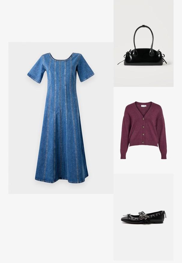 Bordeauxkleurige cropped cardigan met een V-hals, vijf bruine knopen en lange mouwen met ribgebreide manchetten en onderrand, gemaakt van zacht breiwerk.; Object Midi Denim - Jurk - medium blue denim; Zwarte platte balletschoen met dubbele gespsluitingen, zilveren oogjes en een klein strikje nabij de afgeronde neus op een witte achtergrond.; Kleine zwarte glanzende handtas met twee lange hengsels en zijkant trekkoord details op een effen lichte achtergrond.