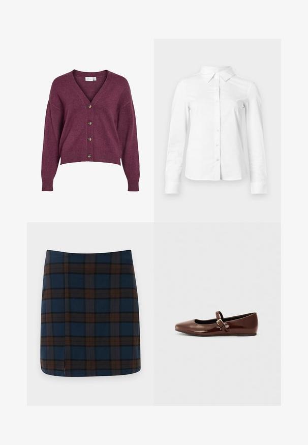 Burgunderfarvet cropped cardigans med V-udskæring, fem brune knapper og lange ærmer med ribbede manchetter og kant i blødt strikmateriale.; Hvid skjorte med lange ærmer, knapper, spids krave, lige kant og tætsiddende silhuet, vist på en ensartet lys baggrund.; Marineblåternet mini nederdel med brune og grå striber, lavet af et glat stof, med en diskret slids bagpå for let bevægelse.; Brun patentlæder balletflade med firkantet tå og strop med en lille guldbuckle. Glat tekstur, lav hæl og minimalistisk design.