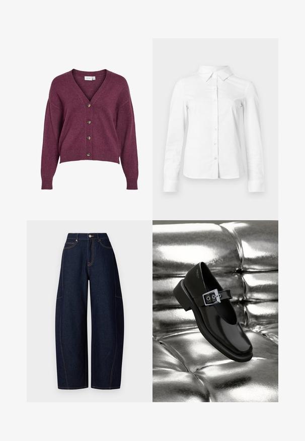 Burgunderfarvet cropped cardigans med V-udskæring, fem brune knapper og lange ærmer med ribbede manchetter og kant i blødt strikmateriale.; Hvid skjorte med lange ærmer, knapper, spids krave, lige kant og tætsiddende silhuet, vist på en ensartet lys baggrund.; Bredde ben mørkeblå denimbukser med kontrasterende orangetråd, fem lommer og en knap- og lynlåslukning i taljen.; Sorte læder Mary Jane sko med firkantet tå, en sølv spænde accent og en chunky lav hæl, sat mod en glansfuld sølv baggrund.