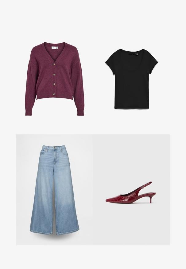 Burgunderfarvet cropped cardigans med V-udskæring, fem brune knapper og lange ærmer med ribbede manchetter og kant i blødt strikmateriale.; Sort T-shirt med korte ærmer og rund hals lagt fladt på hvid baggrund, viser frontvisning og stoftekstur.; Lyseblå vidde jeans lavet af denim med høj talje, forlommer og knaplukning. Stoffet har en falmet vask.; Bordeaux læder slingback pumpe med krokodillestruktur, spidse tæer, justerbar spænde rem og lav kitten hæl på en hvid baggrund.
